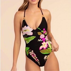 Trina Turk black multi color floral one piece, size 14, NWT